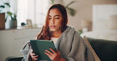 Buy stock photo Research, tablet and reading of woman in bedroom for social media, streaming service and comment update. Connection, online chat forum and post with person and tech in home for communication and app