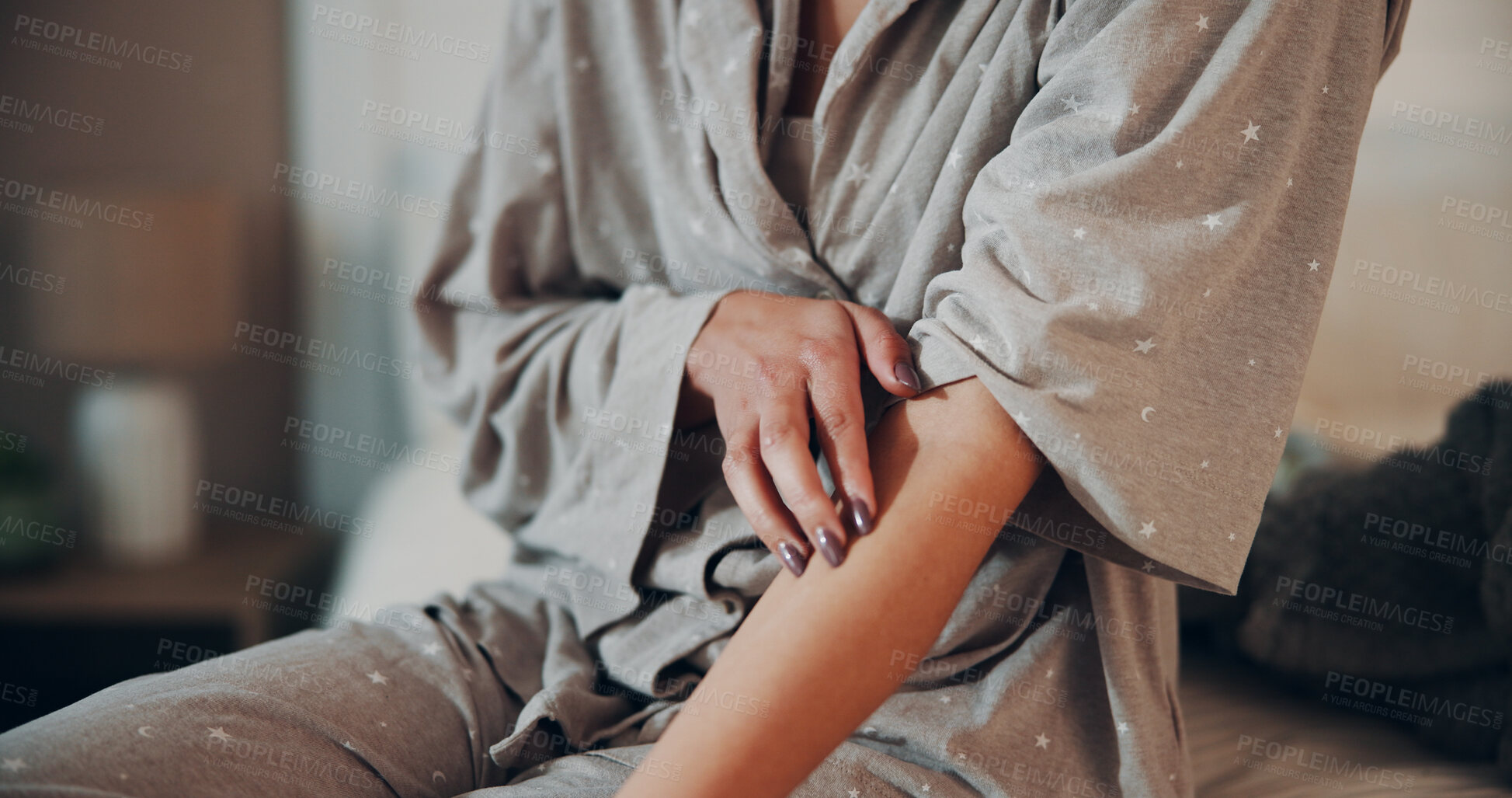 Buy stock photo Scratching, skin and stress in bedroom, hands and coping mechanism for anxiety, discomfort and home. Itchy, arm and person with OCD symptoms, psychology and mental health condition or trauma in house