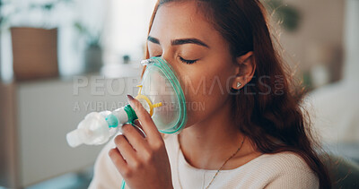 Buy stock photo Sick, woman and breathing with nebulizer in home for asthma, chronic illness or respiratory aid. Health treatment, girl and oxygen mask in house for ventilation, cystic fibrosis or medical condition