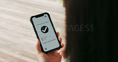 Buy stock photo Hands, woman and phone screen with tick approval for website feedback of online survey. Closeup, person and mobile with confirmation icon for rating, submitted message and user experience interaction