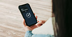 Phone screen, hands or woman with tick for pet insurance, login or account creation success. Mobile, display or person sign up for service approval in home, coverage verification or health policy app