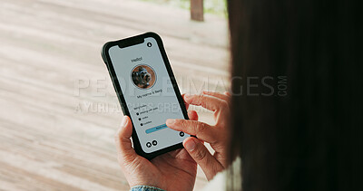 Buy stock photo Dog adoption, hands and phone screen with person scrolling website to search for rescue animal. App, foster and pet care with woman outdoor, browsing puppy profile for ownership connection or match