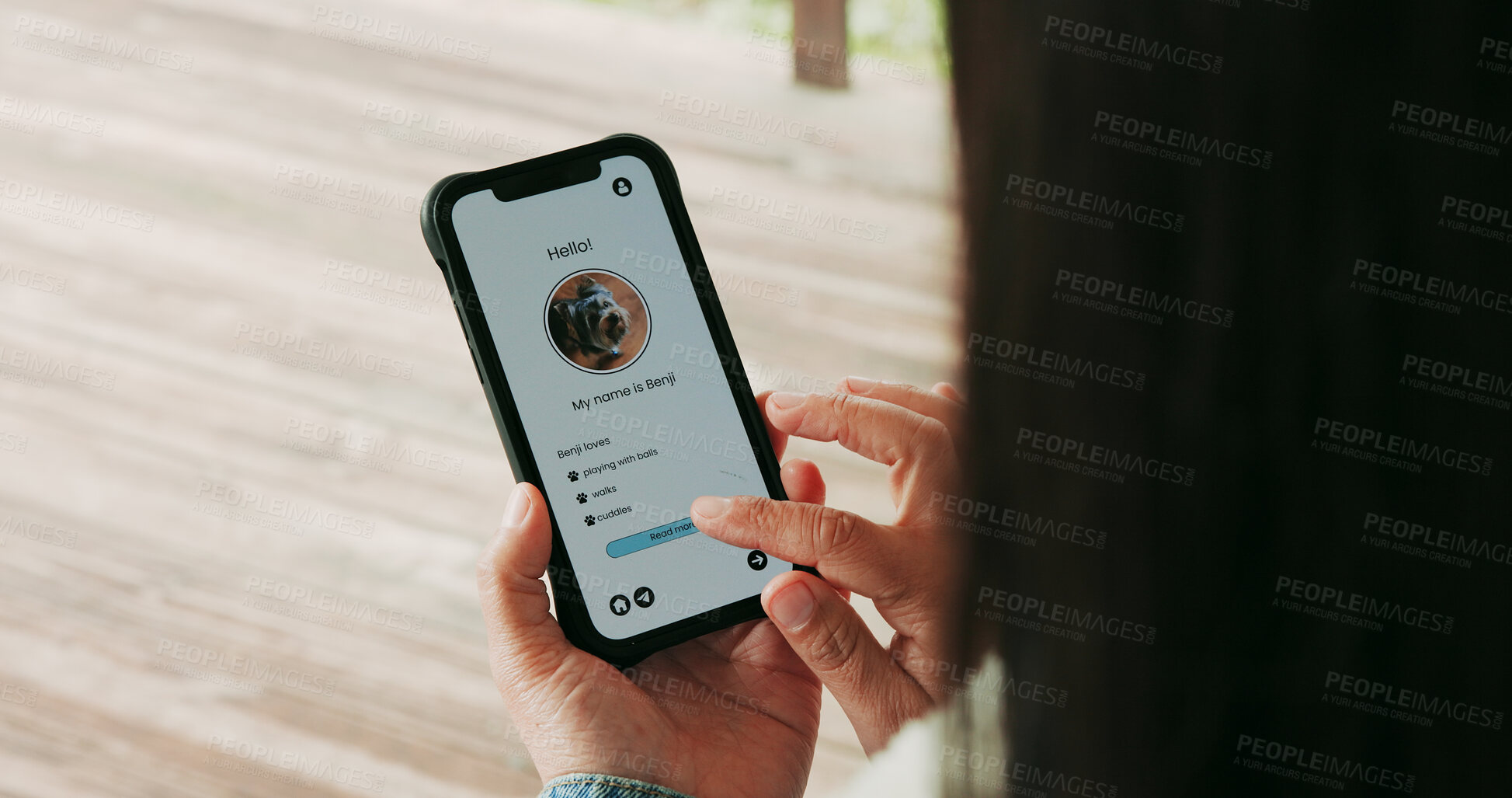 Buy stock photo Dog adoption, hands and phone screen with person scrolling website to search for rescue animal. App, foster and pet care with woman outdoor, browsing puppy profile for ownership connection or match