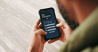 Buy stock photo Phone screen, hands or person with app for pet insurance, account creation or login for registration. Mobile, display and man sign up for service in home, veterinary coverage or health policy