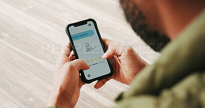 Buy stock photo Pet insurance, rating and hands in home with phone, coverage plan and customer review on digital app. Stars, reading and man in house with tech, user feedback or evaluation for dog health option.