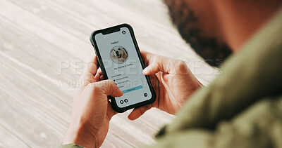 Buy stock photo Phone screen, hands and person with app for pet adoption, dog profile or check bio in home. Mobile, display and man online for service, animal rescue and decision to foster with match on platform