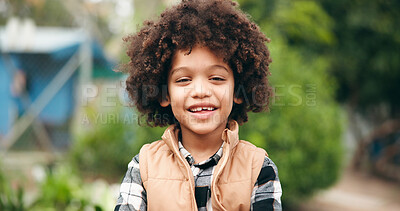 Buy stock photo Portrait, child and boy with smile for park path, winter vacation and weekend nature outing for wellness. Happiness, outdoor hike and kid with positive attitude for holiday, relax and peace for break