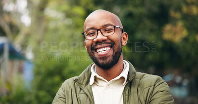 Buy stock photo Portrait, relax and black man with smile at park, winter vacation or weekend nature walk for wellness. Happiness, outdoor hike or person with positive attitude for holiday, glasses or laugh for break