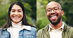 Portrait, people and collage with smile outdoor for travel, peace and calm morning on holiday. Happy, man and woman with confidence for adventure, explore nature and countryside for vacation getaway
