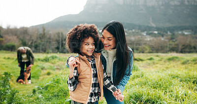 Buy stock photo Smile, mother and son in nature with hug, bonding together or fresh air on outdoor walk. Happiness, adventure or people in forest with embrace, support or sightseeing in healthy relationship.