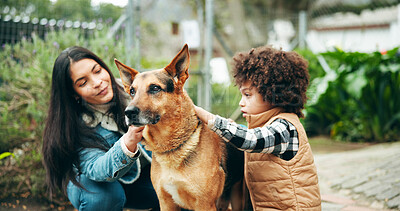 Buy stock photo Animal shelter, mom and kid with dog outdoor for adoption, foster care and bonding. Kennel, sanctuary and mother, boy and German Shepard for rescue, pet ownership and happy at volunteer center