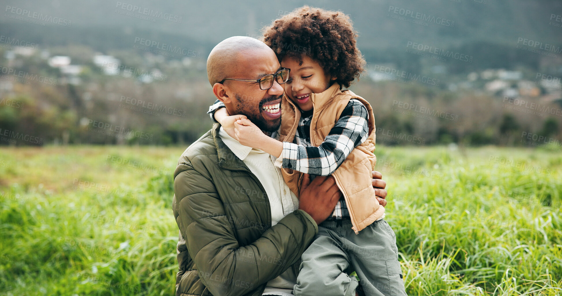 Buy stock photo Smile, dad and son in nature with hug, bonding together or fresh air on outdoor walk. Happiness, security or people in park with embrace, support and family activity in healthy relationship.