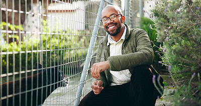 Buy stock photo Portrait, man and dog at shelter for animal adoption with happiness, kindness and companion search. Weekend, black person and puppy at pet rescue for volunteer service, ngo support and canine foster.