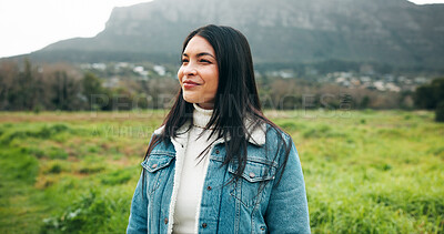 Buy stock photo Thinking, view and woman with smile at field, winter vacation or weekend outing for wellness reflection. Thoughtful, outdoor or happy person with perspective in nature, holiday peace or watch scenery
