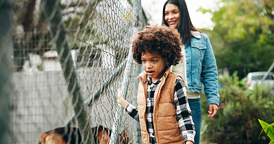 Buy stock photo Animal shelter, mom and child with dog outdoor for adoption, foster care and bonding. Kennel, sanctuary and kid with canine for rescue, pet ownership and walking at charity, ngo and volunteer center