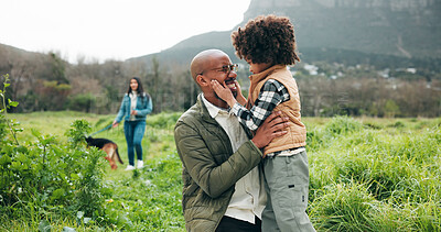 Buy stock photo Smile, father and child in nature with connection, bonding together or fresh air on outdoor walk. Happiness, adventure or family in forest with trust, support or sightseeing in healthy relationship.