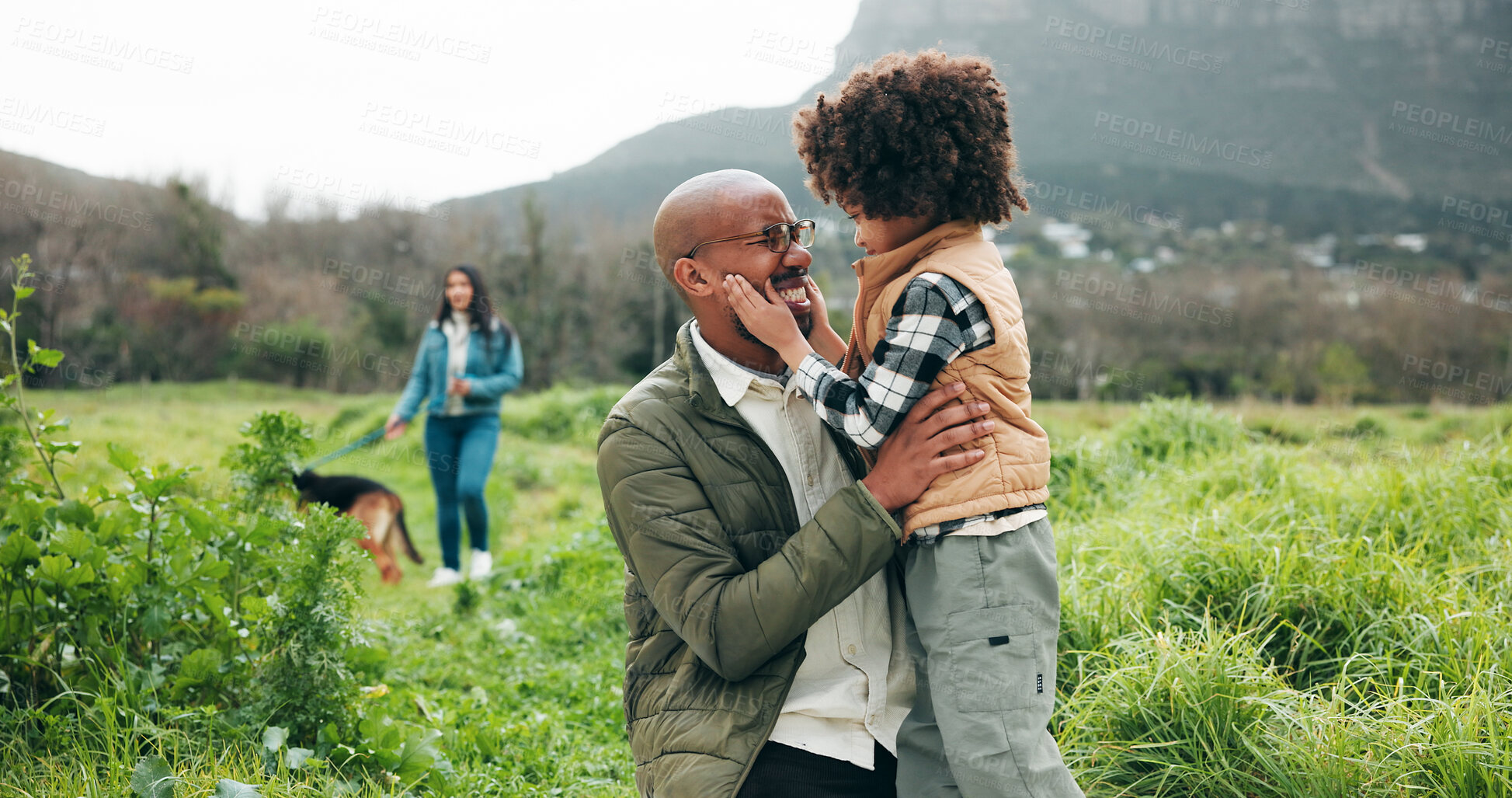 Buy stock photo Smile, father and child in nature with connection, bonding together or fresh air on outdoor walk. Happiness, adventure or family in forest with trust, support or sightseeing in healthy relationship.