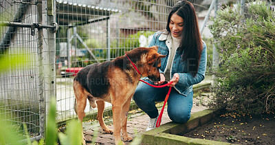 Buy stock photo Love, woman and smile with animal at shelter for adoption service, homeless dogs and rescue centre. Happy, girl and puppy by fence for bonding, foster care and pet welfare or charity ngo support