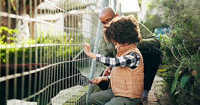 Buy stock photo Animal shelter, dad and child with dog outdoor for adoption, foster care and bonding for choice. Kennel, sanctuary and man with kid for teaching responsibility for rescue, pet ownership and companion