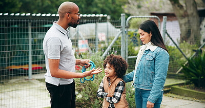 Buy stock photo Animal shelter, volunteer and child with leash outdoor for adoption, foster care or learning tips. Kennel, sanctuary and man with kid for teaching responsibility for rescue, pet ownership and welfare