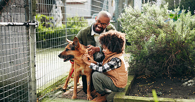 Buy stock photo Animal shelter, happy and dad with child with dog outdoor for adoption, foster care and bonding. Kennel, sanctuary and man with kid exited with German Shepard for rescue, pet ownership and welfare