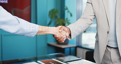 Buy stock photo Business people, office and shaking hands for agreement, deal or financial partnership with merger. Company acquisition, handshake and collaboration for investment with support, trust and thank you