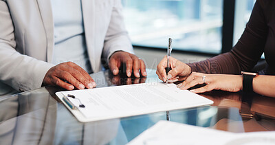 Buy stock photo Hands, documents and people with contract, signature and agreement with onboarding. Closeup, employees and candidate in office, paperwork and pen with legal application, company policy and compliance