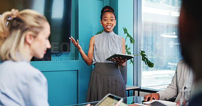 Buy stock photo Business, woman and presentation with tablet in office for accounting, planning and finance report. Speaker, digital or staff listening for budget review, financial data analysis and project feedback