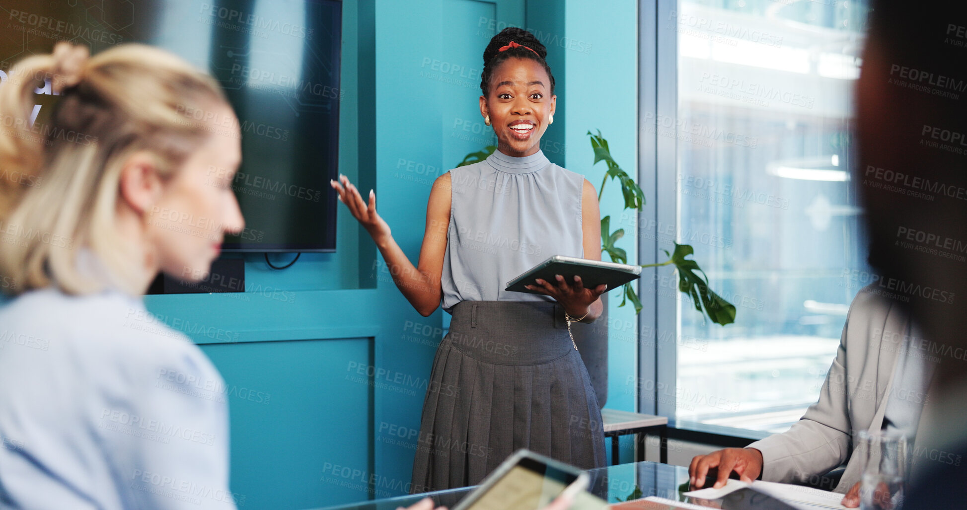 Buy stock photo Business, woman and presentation with tablet in office for accounting, planning and finance report. Speaker, digital or staff listening for budget review, financial data analysis and project feedback