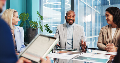 Buy stock photo Business, smile or people in meeting with discussion, analysis or review of financial performance. Tech, graphs or analyst in boardroom with paper, market comparison or feedback on revenue growth