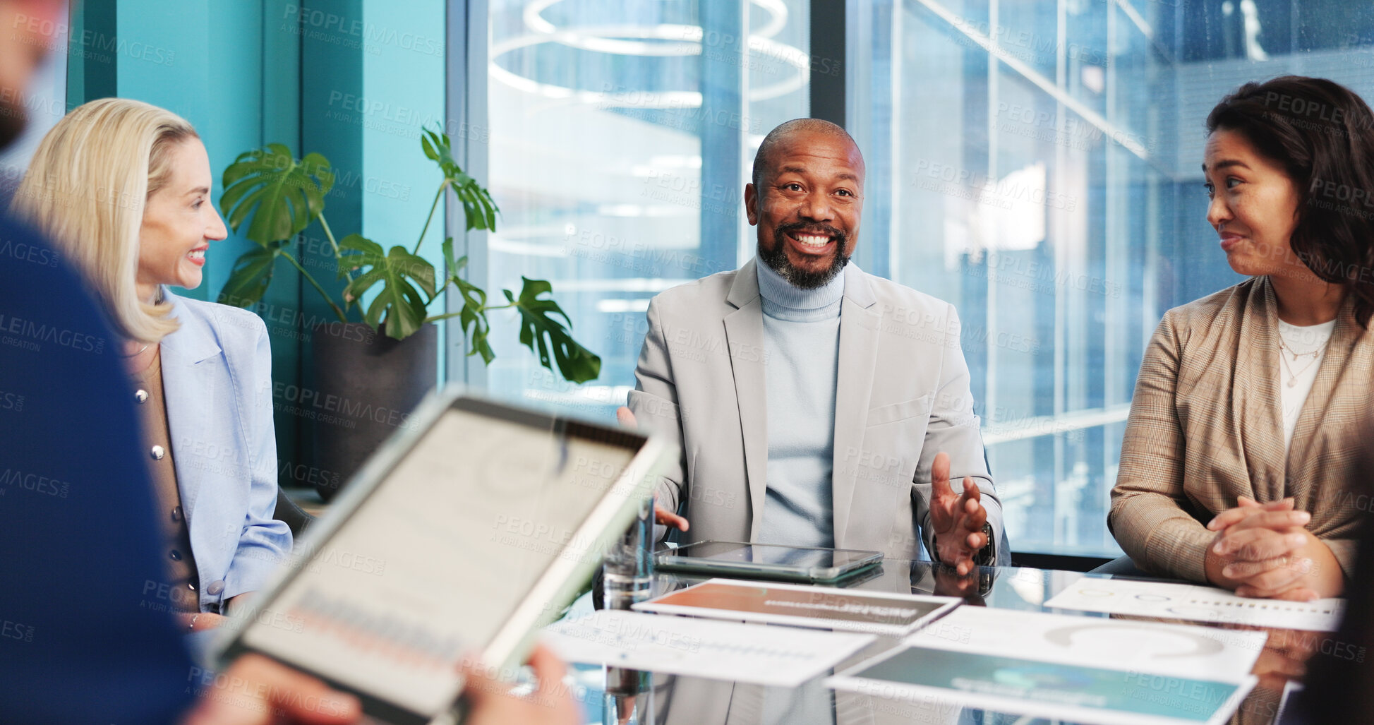 Buy stock photo Business, smile or people in meeting with discussion, analysis or review of financial performance. Tech, graphs or analyst in boardroom with paper, market comparison or feedback on revenue growth