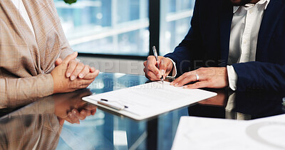 Buy stock photo Hands, clipboard and people with contract, signature and agreement with onboarding. Meeting, employees and candidate in office, paperwork and pen with legal document, compliance and application