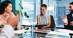 Happy, business people and tablet with applause in meeting for project celebration or success. Excited, group or employees clapping with smile for company bonus, teamwork or promotion in workplace