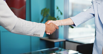 Buy stock photo Business people, office and shaking hands for agreement, trust or financial partnership with merger. Company acquisition, handshake and collaboration for investment with support, deal and thank you