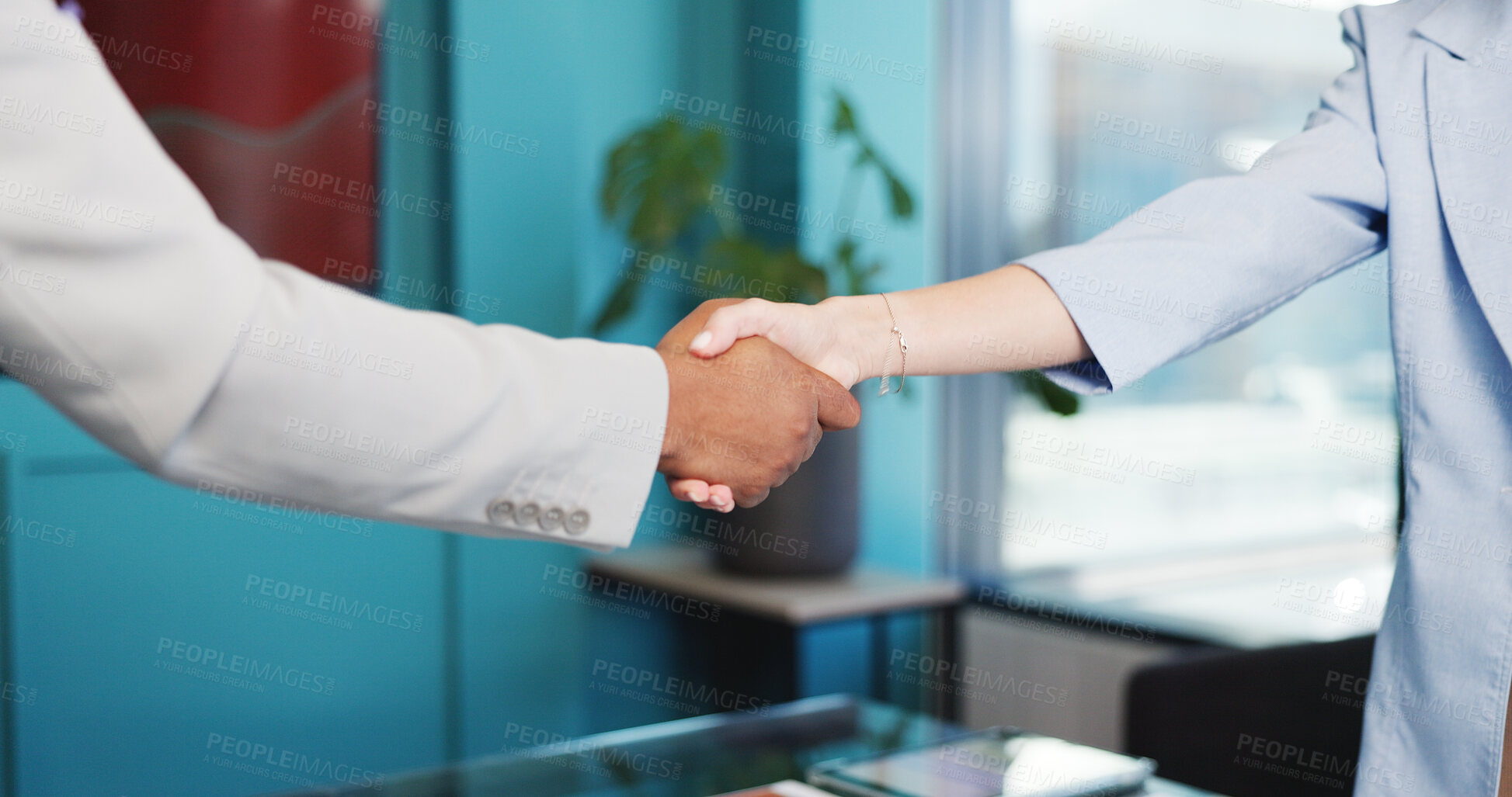 Buy stock photo Business people, office and shaking hands for agreement, trust or financial partnership with merger. Company acquisition, handshake and collaboration for investment with support, deal and thank you