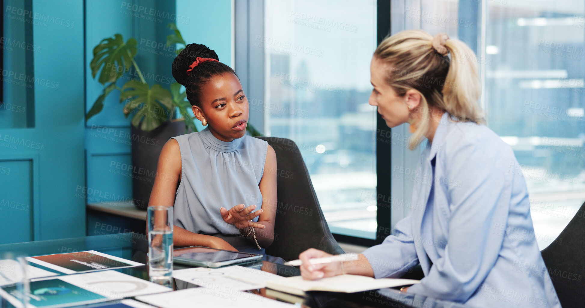 Buy stock photo Team, discussion and women with ideas, office and plan for brand awareness, conversation and meeting. Colleagues, talk and collaboration for marketing strategy, people and brainstorming for campaign