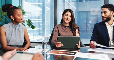 Buy stock photo Graphs, paper or people in meeting with tablet, analysis or review of financial performance. Smile, infographic or analyst in boardroom with tech, market comparison or feedback on revenue growth.