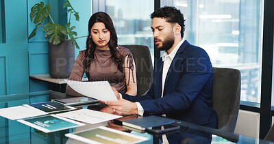Buy stock photo Graphs, paper or people in office with discussion, analysis or review of financial performance. Collaboration, partner or analyst in agency with support, data report or feedback on revenue growth