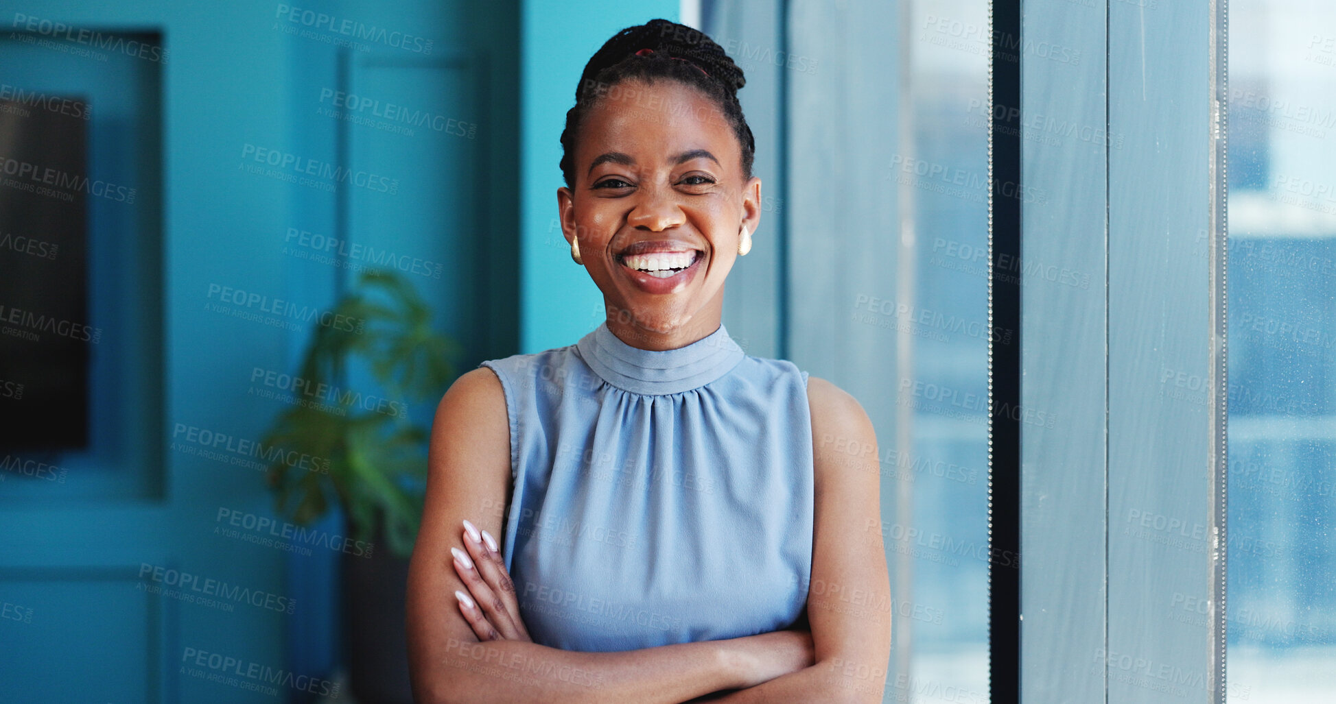 Buy stock photo Portrait, financial advisor and black woman with smile, arms crossed and happiness with confidence. African person, investor and employee in office, pride and trading company with career ambition