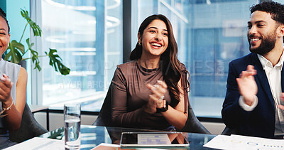 Buy stock photo Applause, business people and celebration in office for success, financial performance or profit. Excited woman, clapping and team achievement with employee for award, investment target or milestone