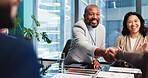 Business people, smile and shaking hands for agreement, deal or financial partnership with merger. Company acquisition, handshake and man in office for investment with support, trust and thank you