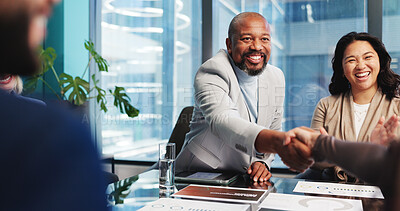 Buy stock photo Business people, smile and shaking hands for agreement, deal or financial partnership with merger. Company acquisition, handshake and man in office for investment with support, trust and thank you
