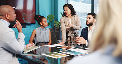 Buy stock photo Discussion, review or people in meeting with presentation, analysis or update on financial performance. Team, paper or analyst in agency with tech, market comparison or graphs on revenue growth.