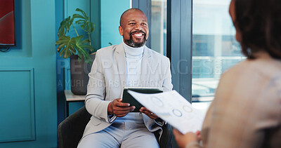 Buy stock photo Business, documents and people in office, charts for revenue and discussion with feedback. Happy, coworking or employees with investment deal, support or report for profit increase, advice or graphs