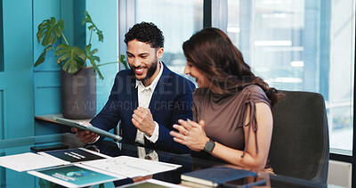Buy stock photo Happy, business people and fist pump with tablet in office for winning, teamwork or success. Excited, businessman and woman with smile, technology or paperwork for promotion or bonus in workplace