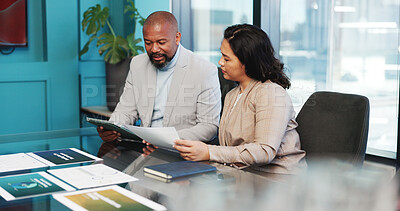 Buy stock photo Graphs, paper or partnership in office with tablet, analysis or review of financial performance. Collaboration, document or analyst in agency with tech, discussion or feedback on revenue growth.