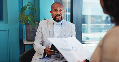 Buy stock photo Finance, discussion and tablet with business people in office together for risk management. App, budget and collaboration with employee team in financial workplace with charts, data or graphs review