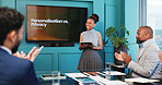 Applause, presentation and businesswoman in office with team for personalisation vs privacy. Tablet, clapping hands and female compliance officer with data protection discussion in workplace.