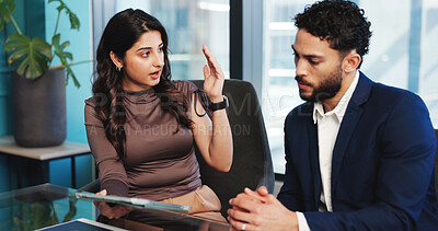 Buy stock photo People, discussion and team with tablet, office and planning for brand awareness, online and meeting. Colleagues, talk and collaboration for marketing strategy, tech and brainstorming for campaign