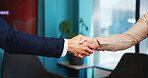 Business people, support and shaking hands for agreement, deal or financial partnership with merger. Company acquisition, handshake and collaboration for investment with trust, b2b and thank you